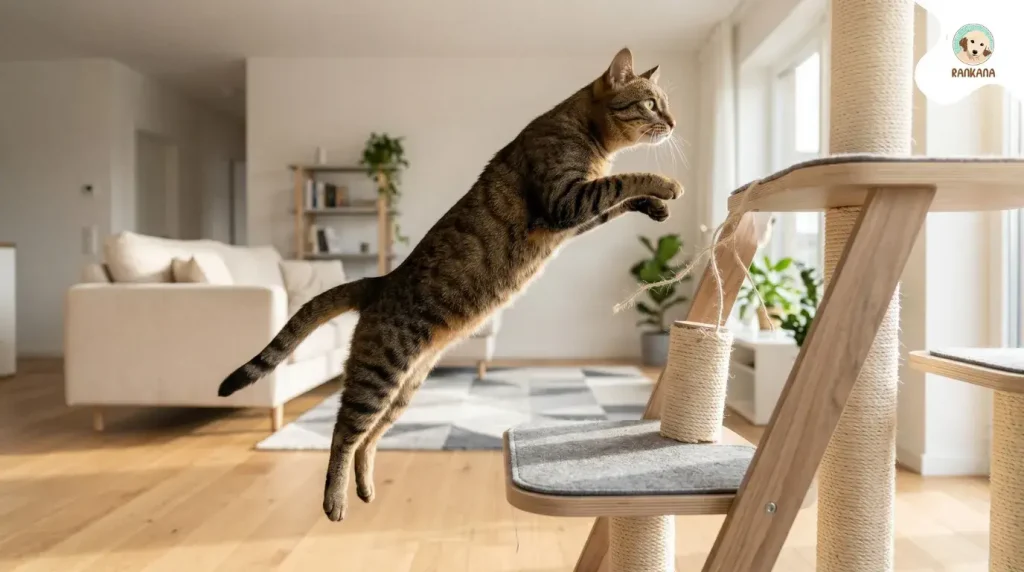 Gato atigrado adulto saltando ágilmente en un rascador de madera, mostrando una condición física óptima y pelaje brillante.