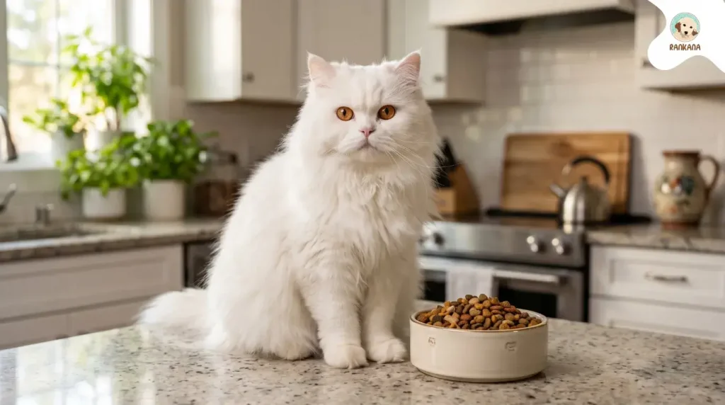 Gato Persa blanco de pelaje saludable sentado junto a su plato de comida en una cocina moderna, representando salud felina.