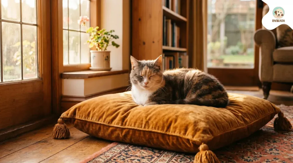 Gato senior descansando pacíficamente sobre un cojín mullido bajo la luz del sol en un rincón acogedor.