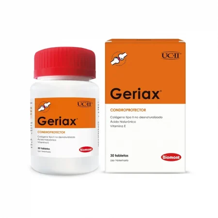 Condroprotector para perros mayores Geriax de Biomont. Presentación de 30 tabletas. Contiene colágeno tipo II y ácido hialurónico.