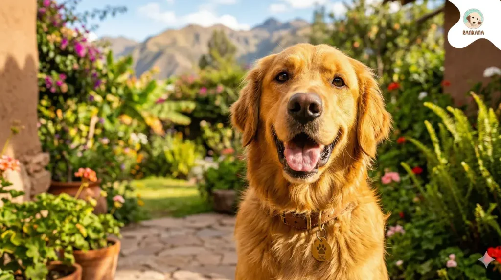 Primer plano de un perro Golden Retriever muy feliz con pelaje brillante y saludable, sentado en un patio soleado con plantas en Perú.
Primer plano de un perro Golden Retriever muy feliz con pelaje brillante y saludable, sentado en un patio soleado con plantas en Perú.