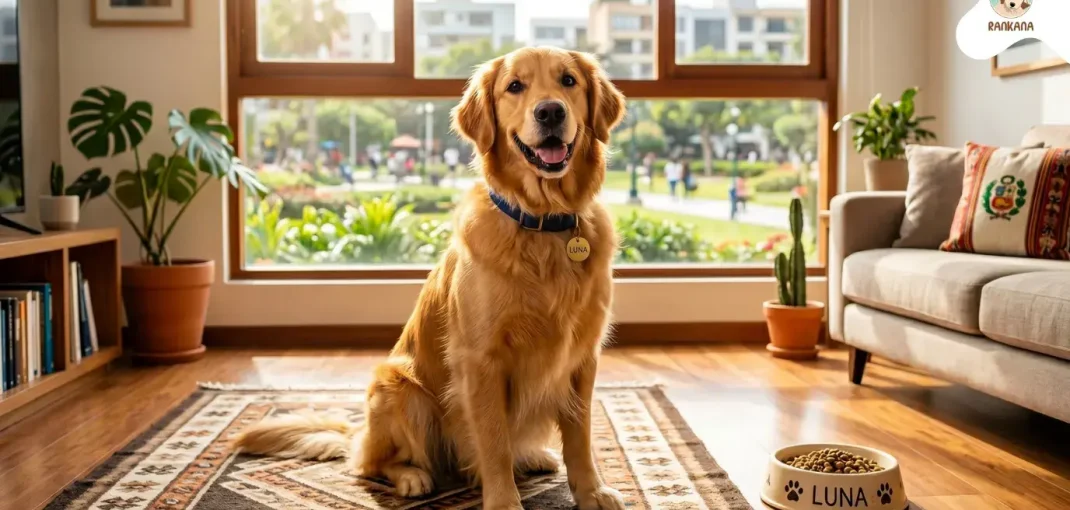 Un Golden Retriever feliz llamado Luna sentado en una sala de estar soleada de Lima con un cuenco de comida y un parque de fondo.