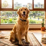 Un Golden Retriever feliz llamado Luna sentado en una sala de estar soleada de Lima con un cuenco de comida y un parque de fondo.