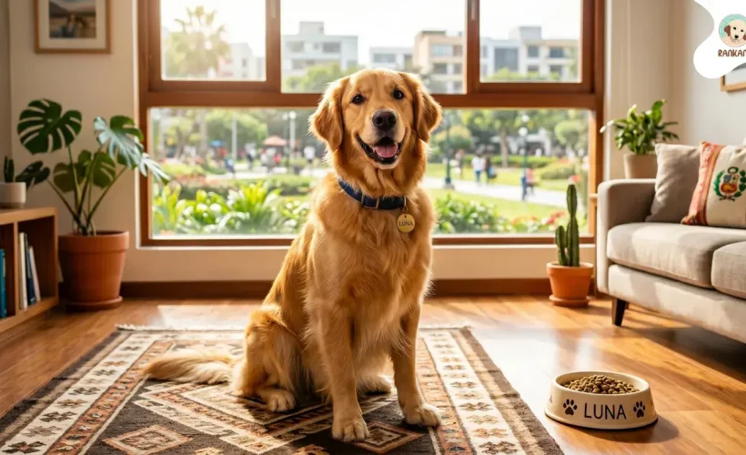 Un Golden Retriever feliz llamado Luna sentado en una sala de estar soleada de Lima con un cuenco de comida y un parque de fondo.