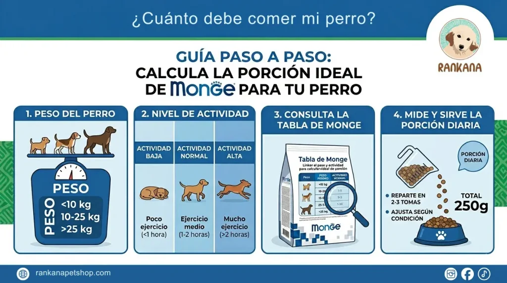 Infografía paso a paso de Rankana sobre cómo calcular la ración diaria de alimento Monge para perros según su peso y nivel de actividad física.