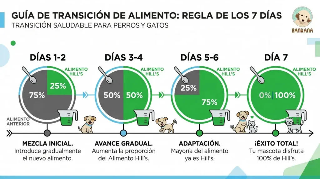 Infografía que ilustra la guía de transición de alimento para mascotas en 7 días, mostrando los porcentajes de mezcla para perros y gatos.