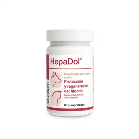 Frasco de HepaDol 60 comprimidos, suplemento para protección y regeneración del hígado en perros y gatos.