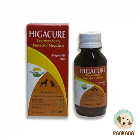 Frasco y caja de Higacure de 120 ml, regenerador y protector hepático en suspensión oral para perros y gatos.