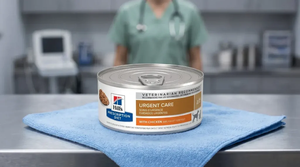 Primer plano de una lata de alimento húmedo Hill's Prescription Diet a/d Urgent Care sabor pollo, colocada sobre una toalla de microfibra azul en una mesa de acero inoxidable. En el fondo desenfocado se aprecia una clínica veterinaria con personal clínico con bata y estetoscopio, y equipo médico.