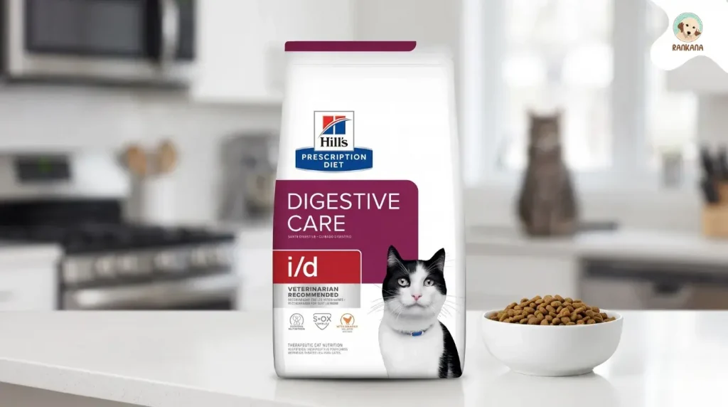 Empaque original de Hill's Prescription Diet i/d Digestive Care para gatos junto a un tazón de croquetas sobre una encimera de cocina blanca.