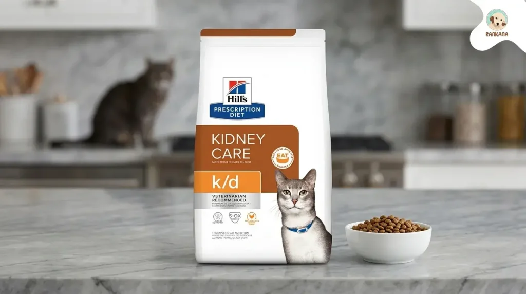 Empaque original de alimento seco Hill's Prescription Diet k/d Kidney Care para gatos sobre una encimera de mármol gris, junto a un tazón de croquetas y la silueta de un gato senior al fondo.