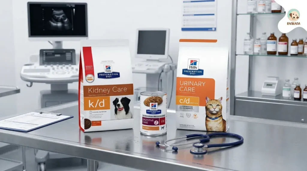 Productos Hill's Prescription Diet Kidney Care k/d para perro y Urinary Care c/d para gato en una clínica veterinaria.