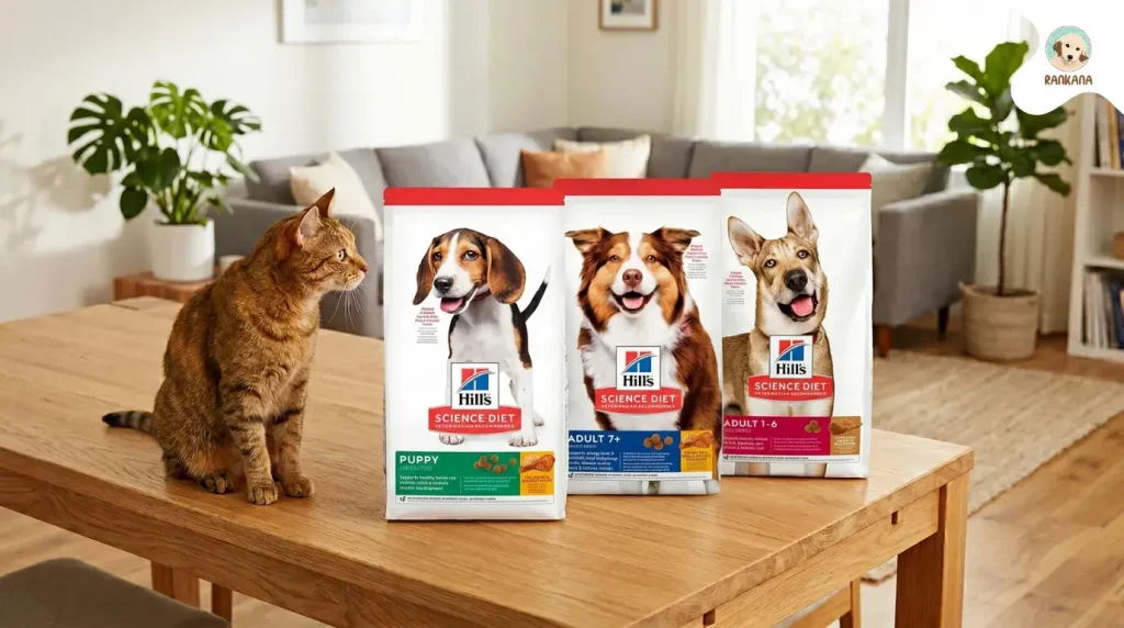Gato atigrado sentado en una mesa de madera junto a tres bolsas de comida seca Hill's Science Diet para perros en etapas de cachorro, adulto 1-6 y senior 7+.