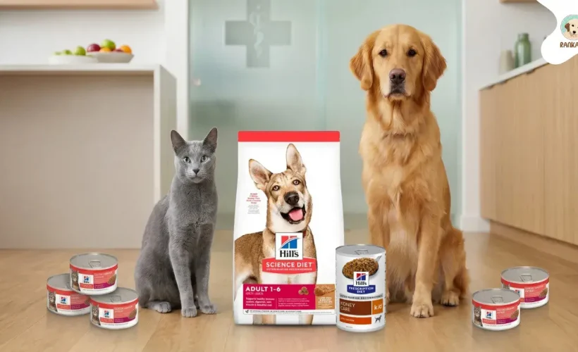 Gato gris y Golden Retriever sentados junto a productos Hill's Science Diet y Prescription Diet de comida seca y húmeda