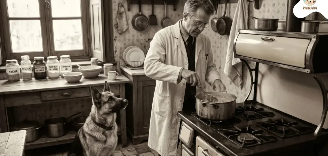 Imagen vintage sepia del Dr. Mark Morris cocinando meticulosamente la Fórmula 1B de comida para mascotas casera en una estufa antigua, con un perro pastor alemán atento y frascos de ingredientes visibles.