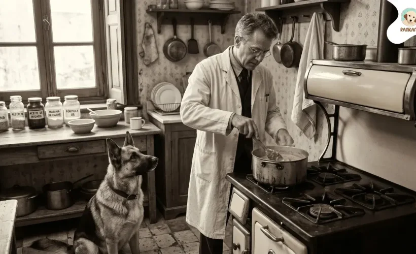 Imagen vintage sepia del Dr. Mark Morris cocinando meticulosamente la Fórmula 1B de comida para mascotas casera en una estufa antigua, con un perro pastor alemán atento y frascos de ingredientes visibles.