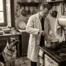 Imagen vintage sepia del Dr. Mark Morris cocinando meticulosamente la Fórmula 1B de comida para mascotas casera en una estufa antigua, con un perro pastor alemán atento y frascos de ingredientes visibles.