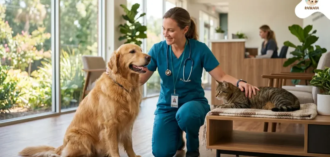 Veterinaria profesional acariciando a un perro y un gato en una clínica moderna, representando el cuidado integral y bienestar de las mascotas.