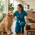 Veterinaria profesional acariciando a un perro y un gato en una clínica moderna, representando el cuidado integral y bienestar de las mascotas.