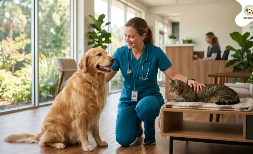 Veterinaria profesional acariciando a un perro y un gato en una clínica moderna, representando el cuidado integral y bienestar de las mascotas.