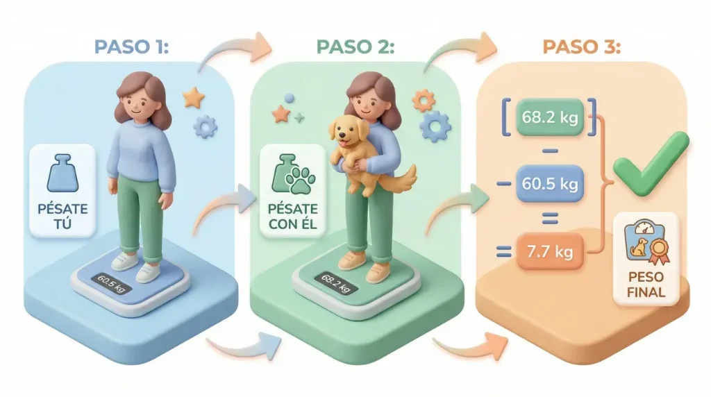 Una infografía isométrica 3D de estilo arcilla sobre un fondo blanco, que muestra una secuencia de tres pasos para pesar a un perro con una báscula humana. El panel del Paso 1, en azul pastel, muestra a una mujer sola en una báscula digital con un icono de peso y el texto 'PÉSATE TÚ'. El panel del Paso 2, en verde pastel, muestra a la misma mujer sosteniendo a un perro pequeño en la báscula con un icono de peso y huella de perro y el texto 'PÉSATE CON ÉL'. El panel del Paso 3, en naranja pastel, muestra un gráfico de cálculo donde el peso del Paso 2 se resta del Paso 1 para mostrar el 'PESO FINAL' del perro, junto con un icono de báscula y perro y una gran marca de verificación verde.