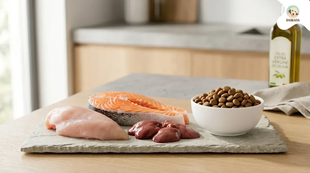 Bodegón de ingredientes frescos para comida de perros: pechuga de pollo, rodaja de salmón atlántico e higaditos sobre una tabla de piedra, junto a un cuenco de croquetas Monge.