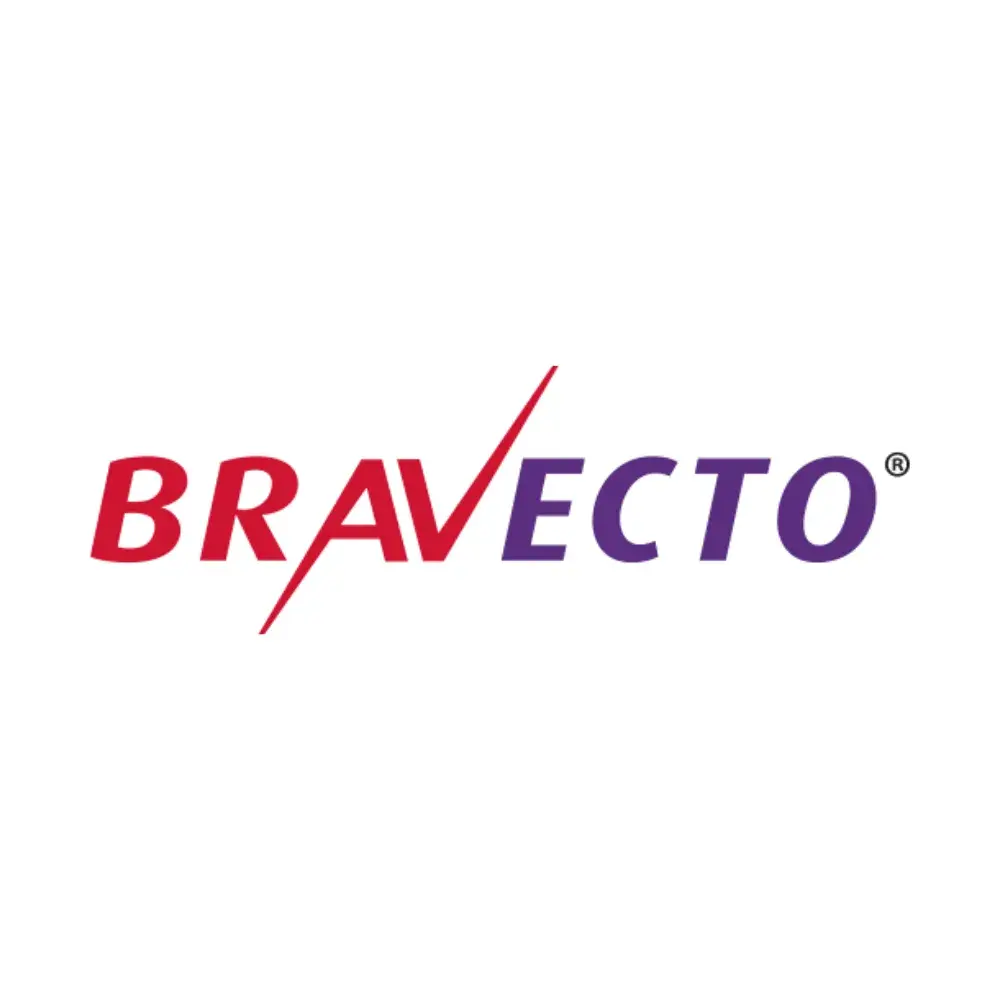 Logotipo de Bravecto en rojo y morado sobre fondo blanco.