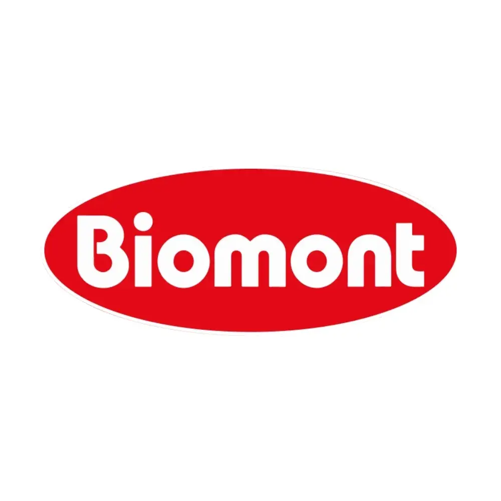 Logotipo de Laboratorios Biomont, texto blanco dentro de un óvalo rojo, especializado en farmacéutica para salud animal.