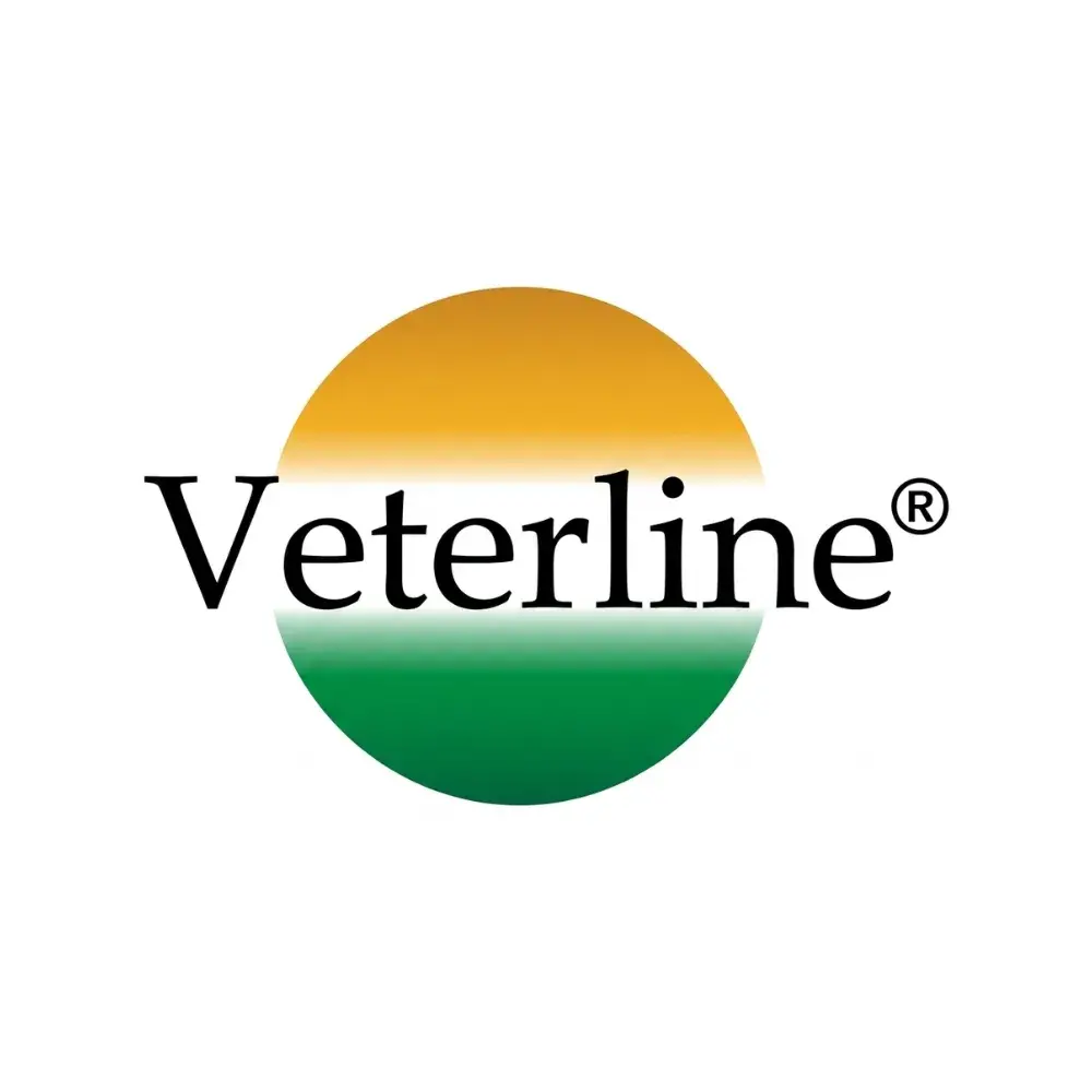 Logotipo de Veterline con tipografía serif negra sobre un círculo degradado en tonos naranja y verde, representando salud y naturaleza veterinaria.