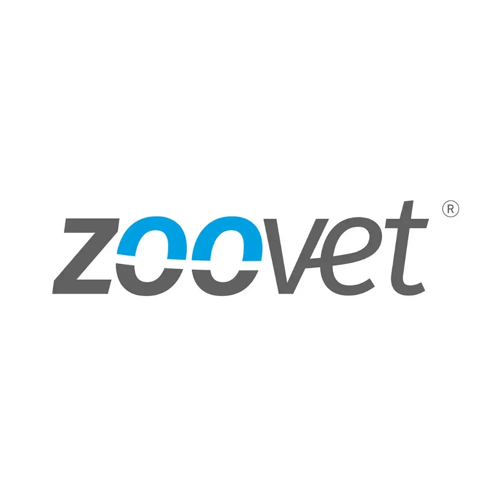Logotipo de Zoovet con tipografía moderna en color gris y detalles en celeste, laboratorio de especialidades farmacéuticas veterinarias.