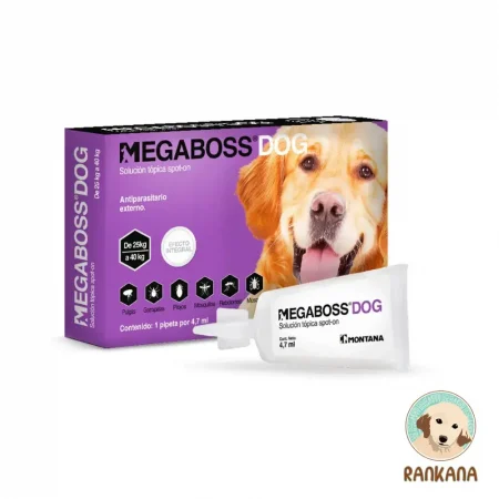 Pipeta Megaboss Dog para perros de raza grande (25-40 kg). Antiparasitario externo 6 en 1 de Laboratorios Montana contra pulgas, garrapatas y mosquitos.