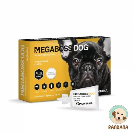 Caja de Megaboss Dog para perros de 4 a 10 kg, antiparasitario externo en pipeta de Montana. Protege contra pulgas, garrapatas, piojos y mosquitos.