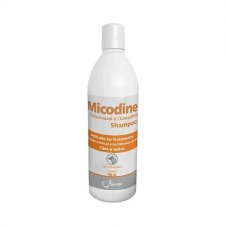 Frasco de Micodine Shampoo de 500 ml, tratamiento antimicótico y antibacteriano con Ketoconazol y Clorhexidina para perros y gatos.