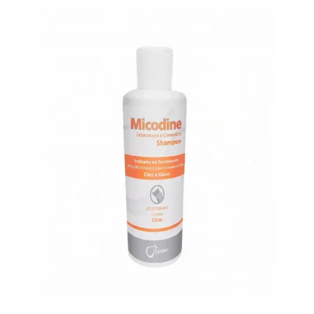 Frasco de Micodine x 225 ml Shampoo para uso veterinario, con Ketoconazol y Clorhexidina para tratar infecciones fúngicas y bacterianas en la piel de perros y gatos.