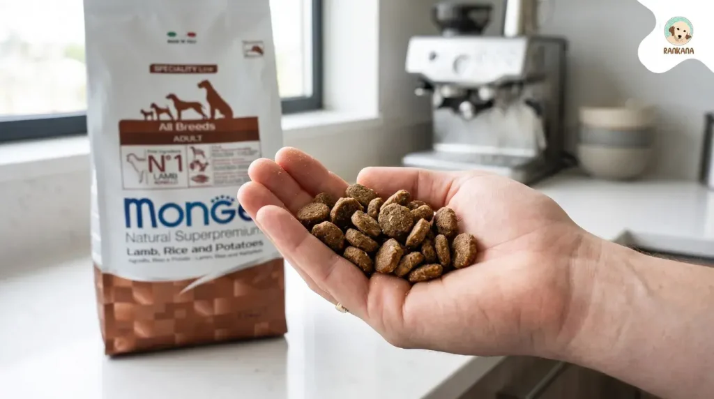 Primer plano de croquetas Monge Natural Superpremium de cordero y arroz en la mano de una persona para mostrar su tamaño y textura natural.