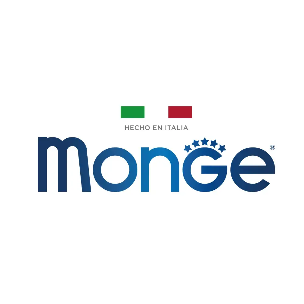 Logotipo oficial de Monge, alimento premium para perros y gatos hecho en Italia, con tipografía en tonos azules y la bandera italiana.