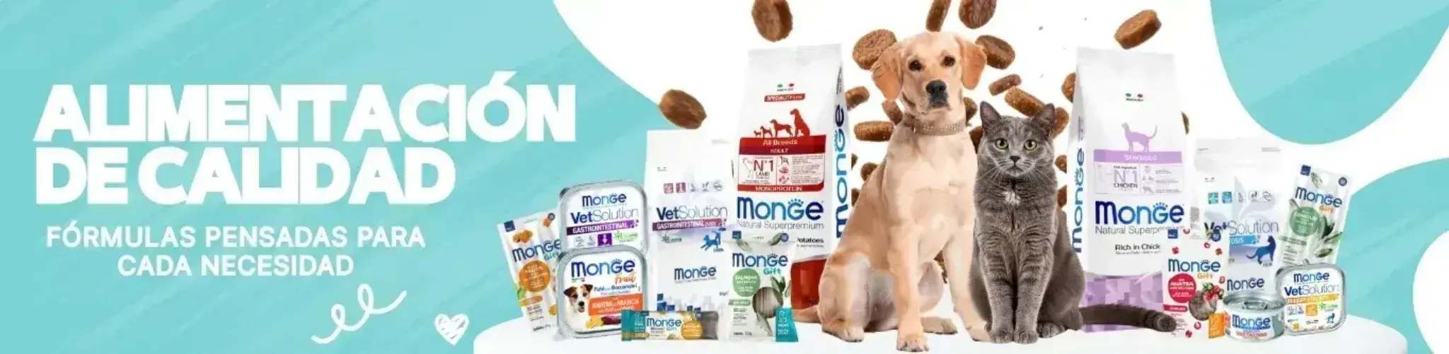 Banner publicitario de alimentos Monge para perros y gatos que muestra la línea VetSolution, Natural Superpremium y Monge Gift con un perro Golden Retriever y un gato gris.