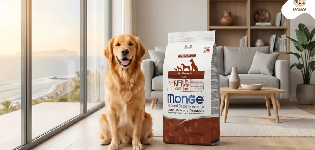 Perro Golden Retriever junto a bolsa de alimento Monge Natural Superpremium Adult Lamb Rice and Potatoes en una sala iluminada.