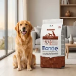 Perro Golden Retriever junto a bolsa de alimento Monge Natural Superpremium Adult Lamb Rice and Potatoes en una sala iluminada.