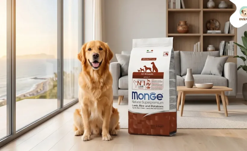 Perro Golden Retriever junto a bolsa de alimento Monge Natural Superpremium Adult Lamb Rice and Potatoes en una sala iluminada.