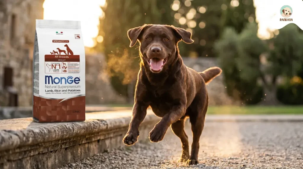 Perro Labrador Retriever de color chocolate saltando alegremente en un parque soleado junto a una bolsa de alimento Monge Natural Superpremium de Cordero y Arroz.