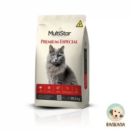 Empaque frontal de Multistar Premium Especial para gatos castrados sabor carne de 10.1 kg.