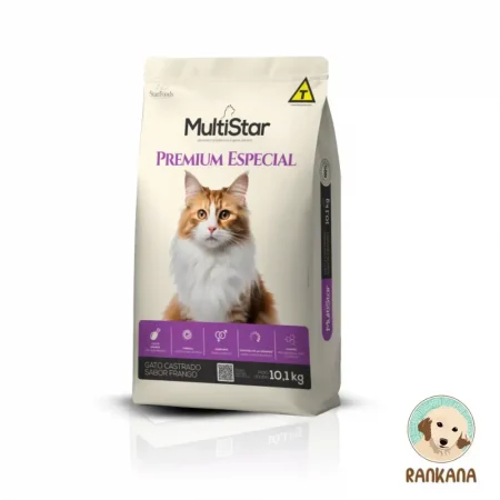 Bolsa frontal de Multistar Premium Especial Gato Castrado sabor Pollo de 10.1 kg con imagen de gato de pelo largo.