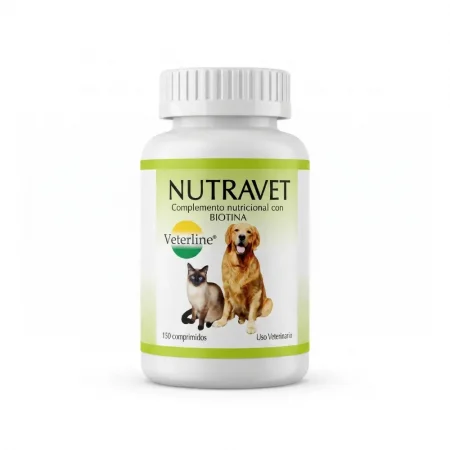 Complemento nutricional Nutravet con Biotina de Veterline, frasco de 150 comprimidos para fortalecer el pelaje y evitar la caída de pelo en perros y gatos en Rankana.