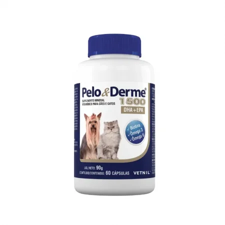 Suplemento Pelo y Derme 1500 de Vetnil con 60 cápsulas, fórmula concentrada con Omega 3, 6, Biotina y Zinc para la salud de piel y pelaje en perros grandes en Rankana.