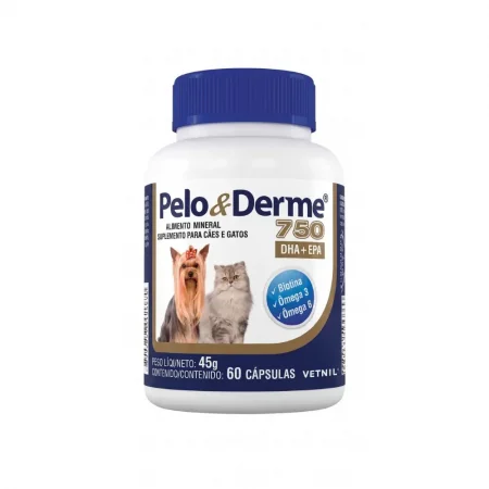 Suplemento Pelo y Derme 750 de Vetnil con 60 cápsulas, contiene Omega 3, 6, Biotina y DHA+EPA para la salud de la piel y pelaje en perros y gatos en Rankana.