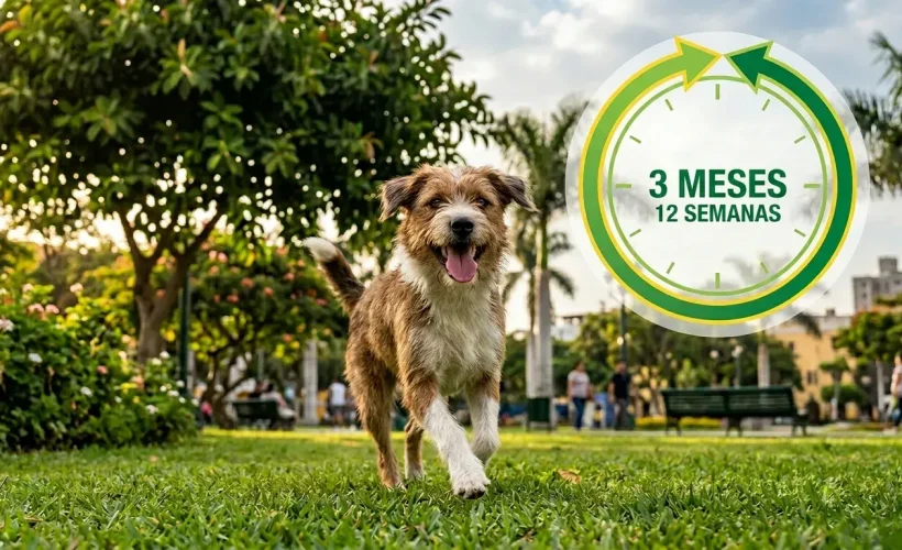 Un perro mestizo marrón y blanco corre felizmente sobre el césped de un parque verde y arbolado. En la esquina superior derecha, una infografía circular con anillos verdes y amarillos muestra claramente el texto "3 MESES 12 SEMANAS" en español.