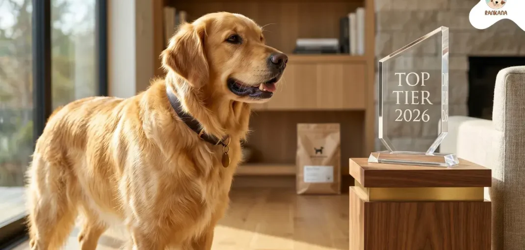 Golden Retriever de pelaje dorado brillante posando junto a un trofeo de acrílico grabado con Top Tier 2026 en un interior de lujo iluminado por el sol.