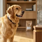 Golden Retriever de pelaje dorado brillante posando junto a un trofeo de acrílico grabado con Top Tier 2026 en un interior de lujo iluminado por el sol.