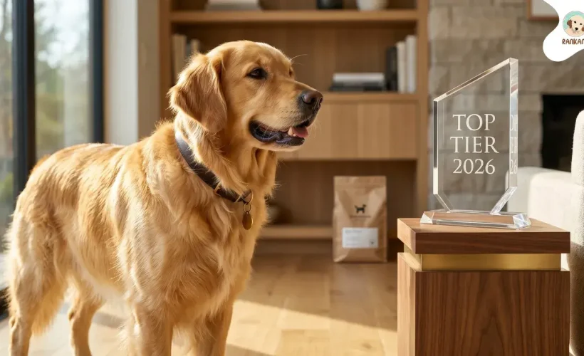 Golden Retriever de pelaje dorado brillante posando junto a un trofeo de acrílico grabado con Top Tier 2026 en un interior de lujo iluminado por el sol.